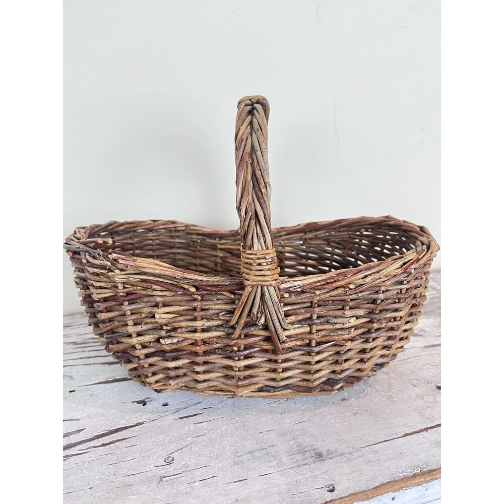 Vintage Small French Woven Wicker Egg Gathering Basket 11” Cottage Primitive